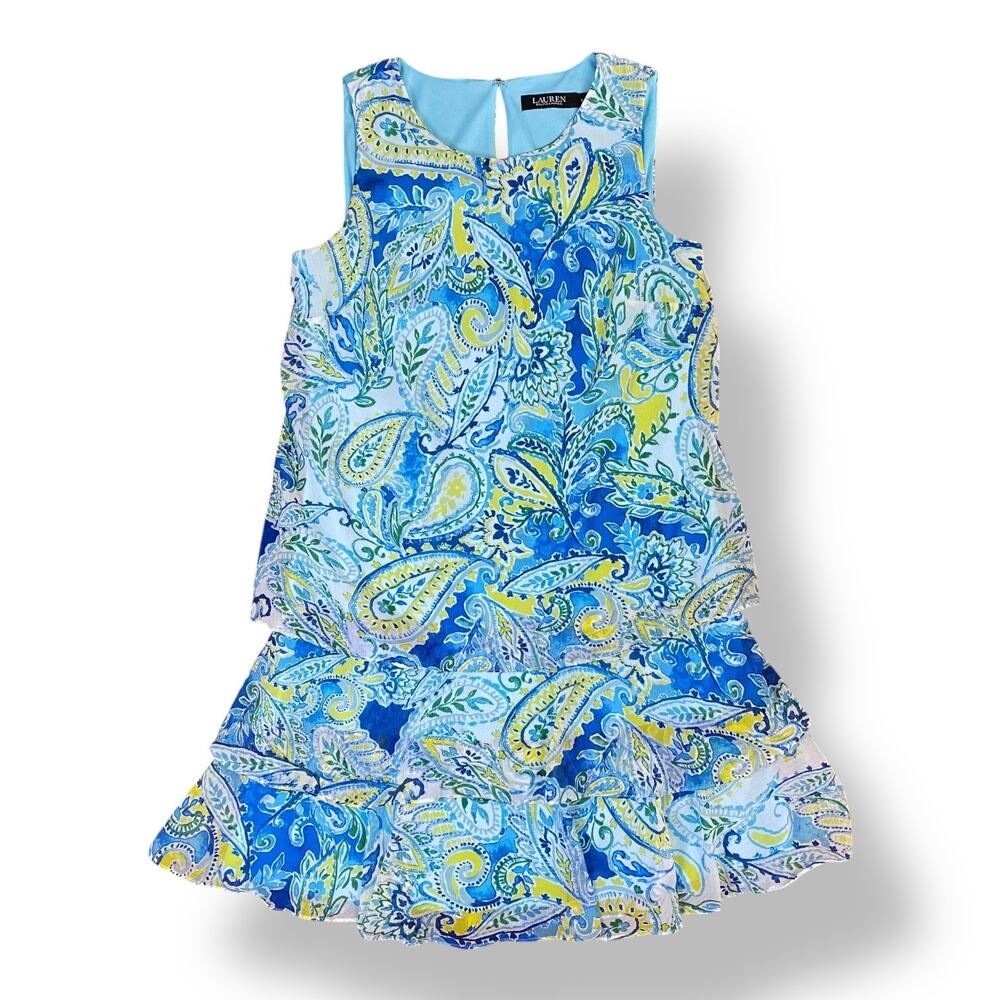 Ralph Lauren Paisley Shift Mini‎ Dress Womens Size 6 Blue Cream Party